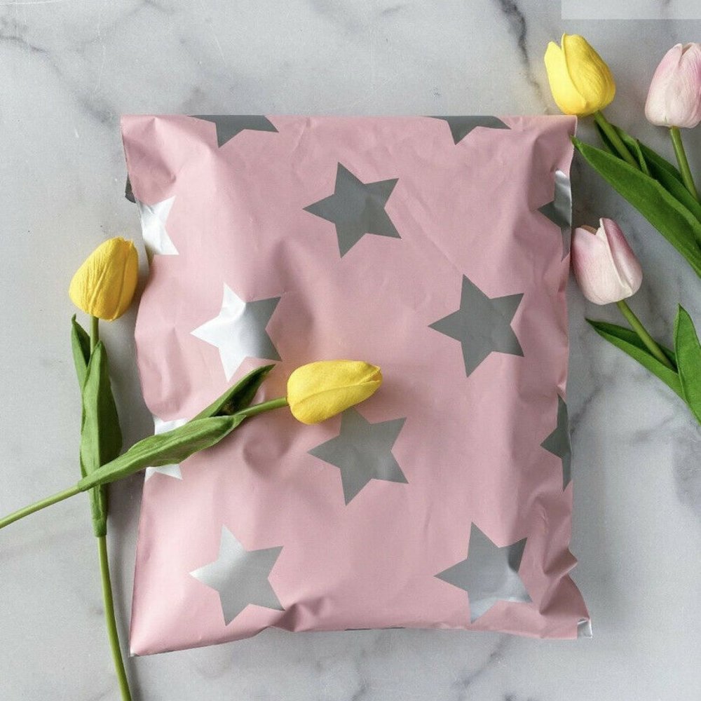 100 Pack 10” X 13” Poly Mailers Silver Star Pink